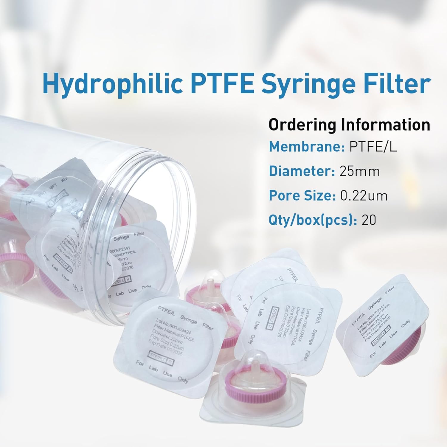 Lot de 20 Filtres à Seringue Stériles en PTFE Hydrophile de 25 mm de Diamètre et Taille de pores de 0,22 μm, Filtre à Aiguille HPLC et GC, Filtration en Laboratoire à Haut Débit