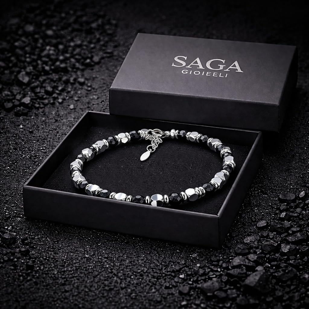 SAGA GIOIELLI® Bracciale Uomo Donna Pietre Dure Onice Nero Vari Colori Quadrello Acciaio