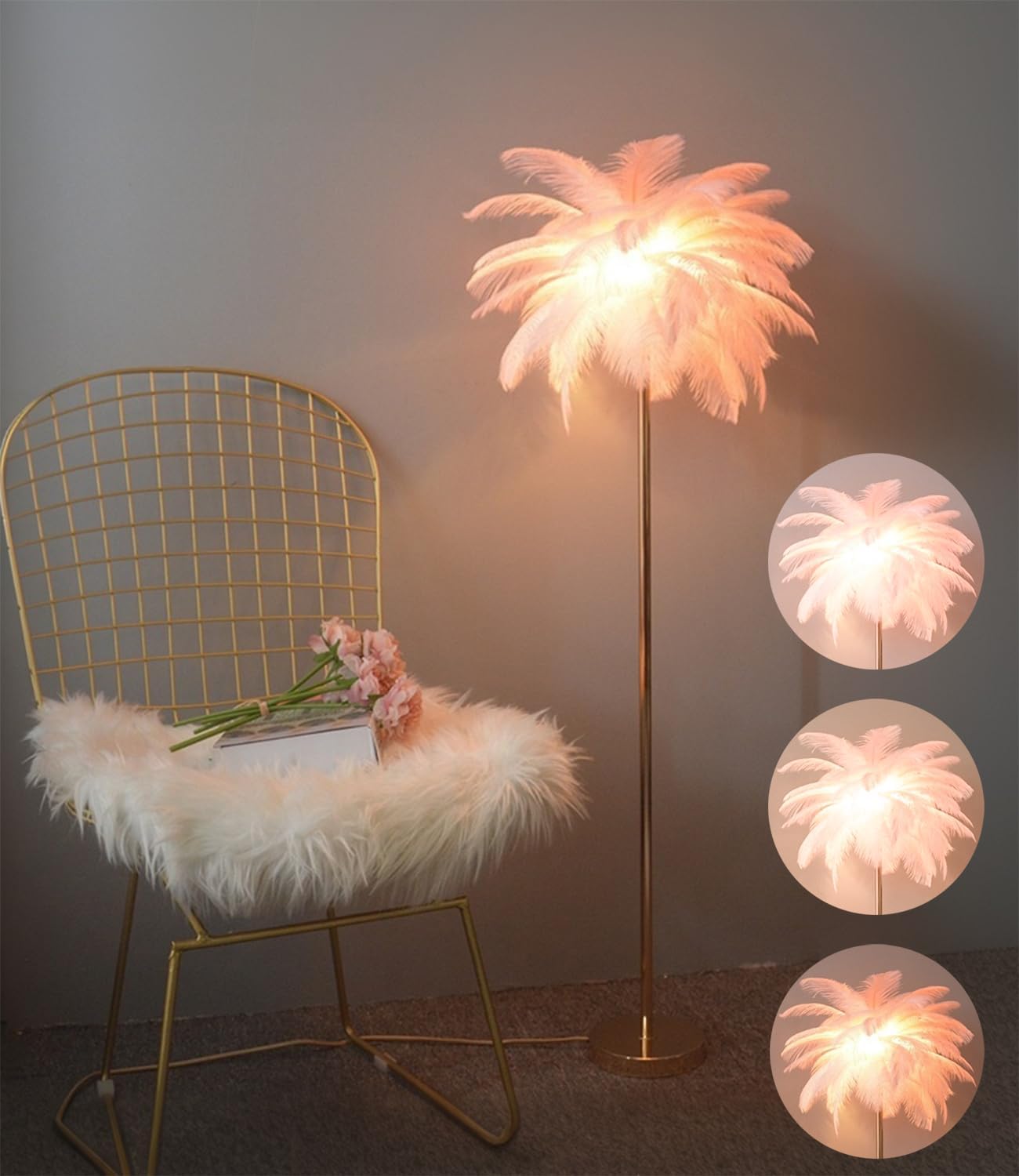 Natural Ostrich Feather Floor Lamp, 3-Way Color Temperature,Simple Modern Bedroom and Living Room Standing Lamp, Golden Lamp Body, G4-LED Bulb (Pink)