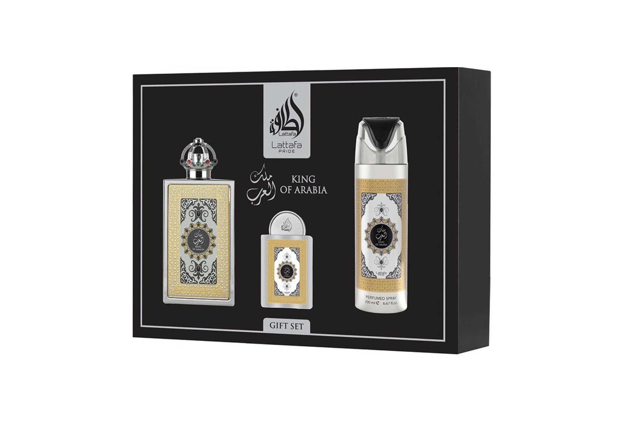 Lattafa King of Arabia - Set regalo, profumo arabo da uomo, durevole, include profumo EDP 100 ml + mini profumo 20 ml + deodorante 200 ml + atomizzatore fragranza legnosa dolce (King of Arabia Gift