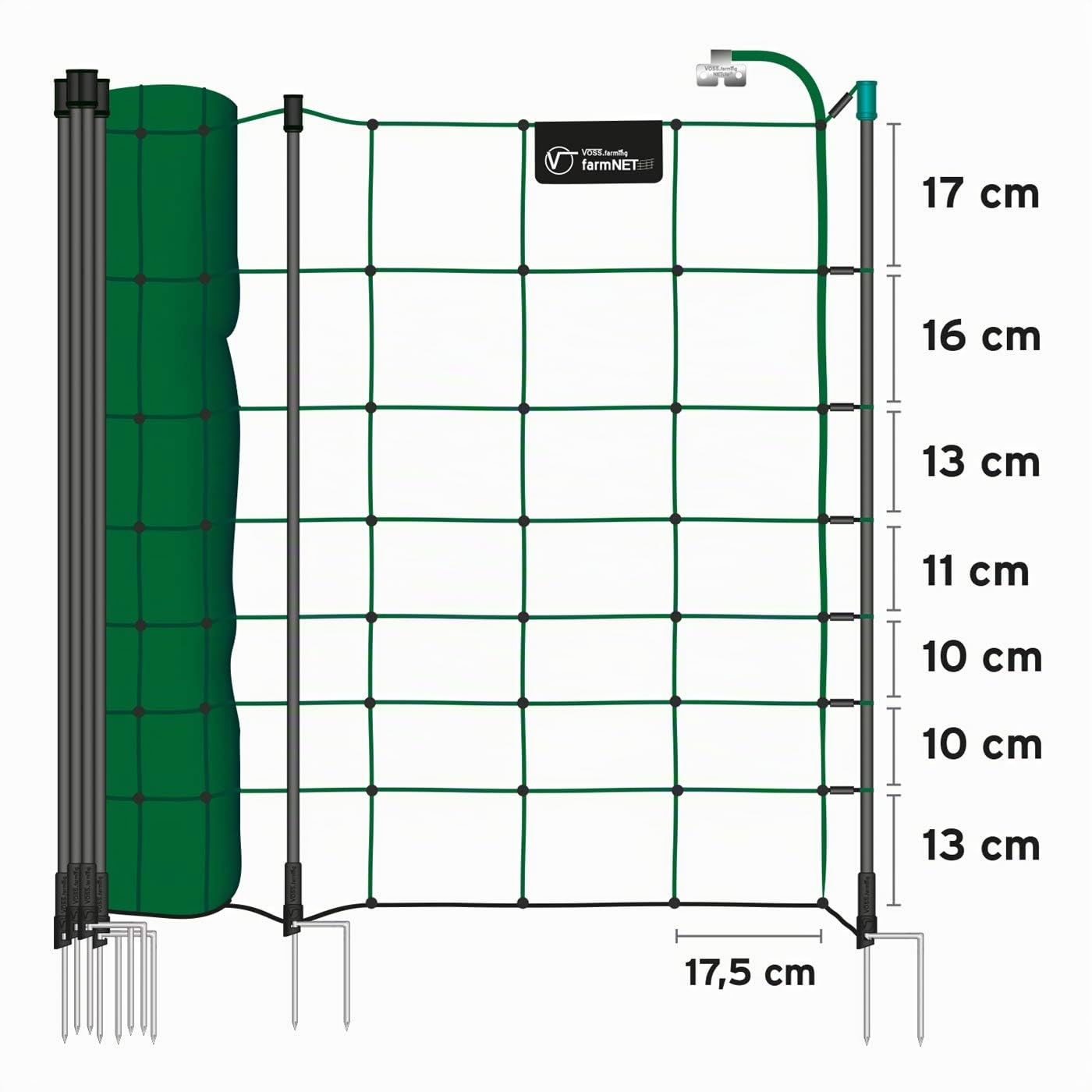 VOSS.farming Malla para ovejas Premium farmNET+, 50m, 90cm, Valla eléctrica con 20 Postes, Doble Punta, Verde, cercado para Perros, Adapta como Agility