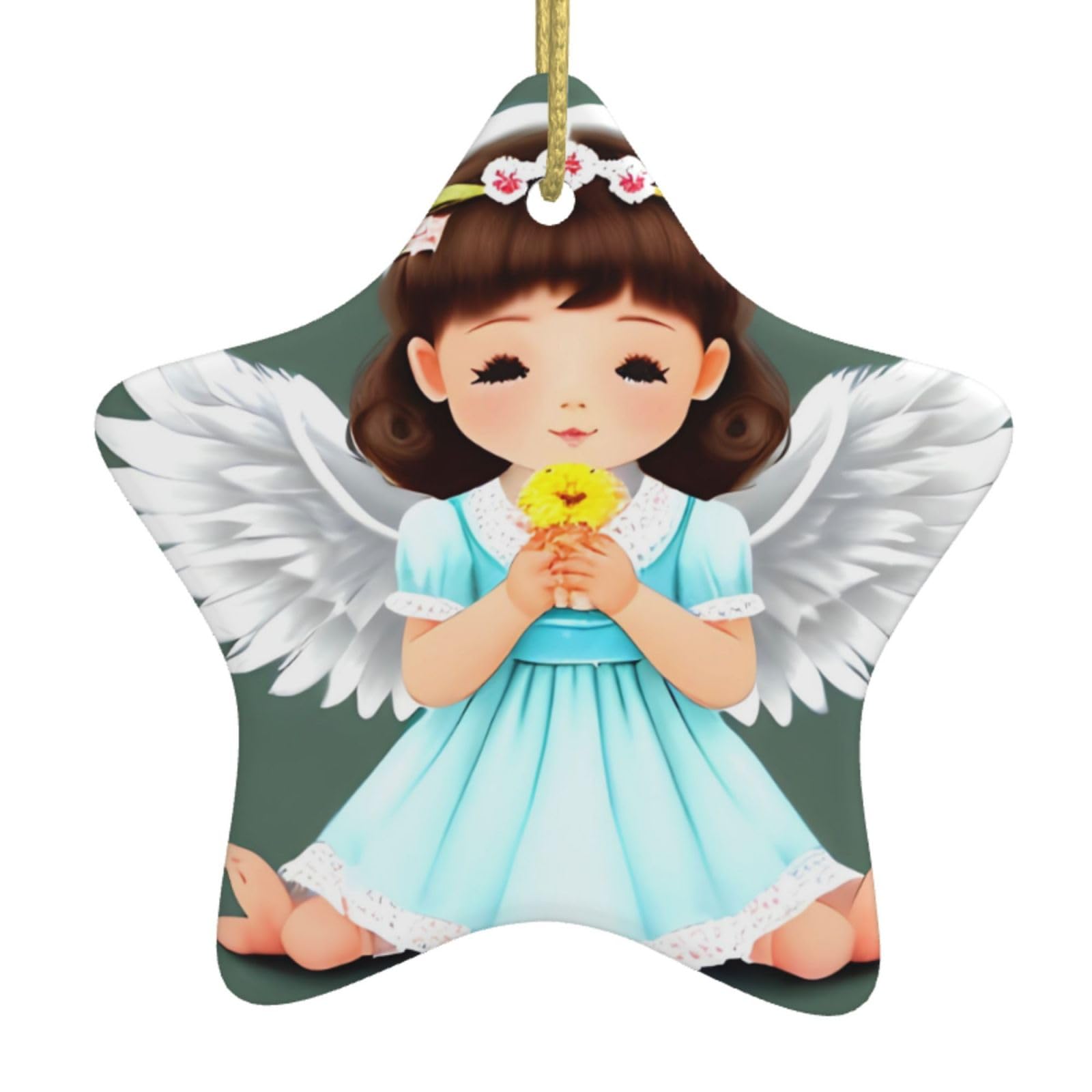 Cute Little Angel Christmas Ceramic Star Pendant with Punched Holes and Gold Wire Rope, Christmas Tree Home Decoration