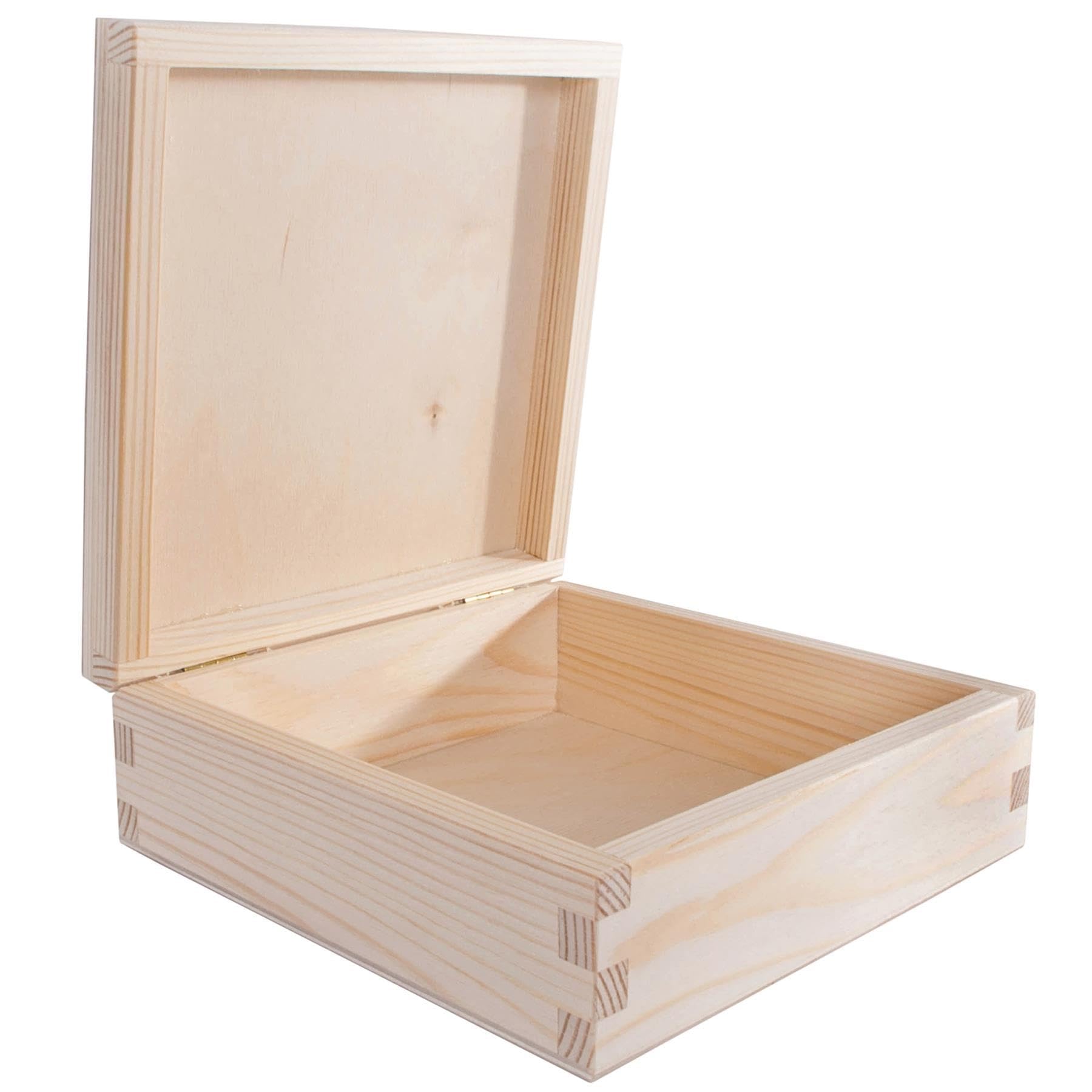 Woodeedoo Natural Square Wooden Storage Box With Hinged Lid – 16 X 16 X 6 Cm – Unfinished Pine Craft Chest For Trinkets Jewellery Letters Keepsakes Gift Decoration Diy Decoupage