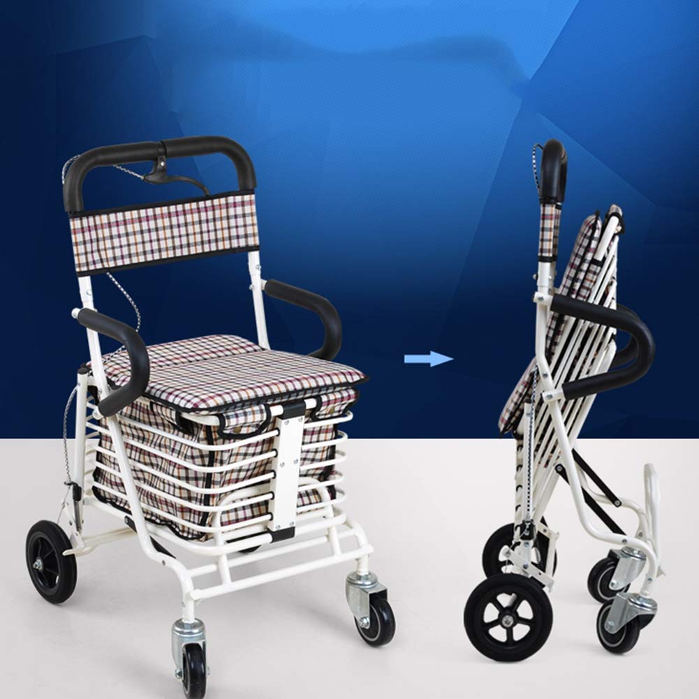 Cesta para Andador para Ancianos, Andador Plegable de Cuatro Ruedas Cesta para Andador para Ancianos Marco para Caminar con Asiento Acolchado Frenos Bloqueables Manijas Ergonómicas