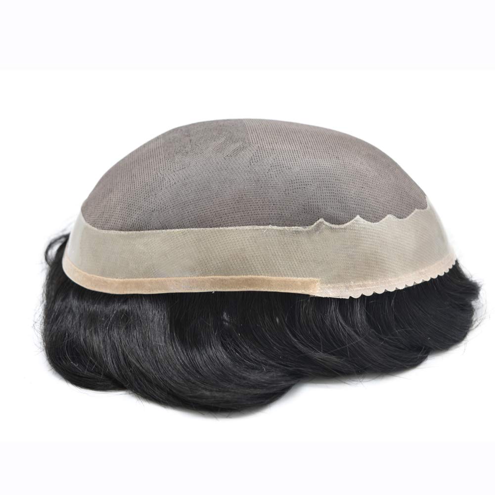 LYRICAL HAIR System Replacement Toupee for Men Fine Mono Mens Toupee Black Color Human Hairpiece PU Poly Skin Natural Hairline Wig for Men (10"x8", 1# Jet Black - 100% Light to Medium Light Density)