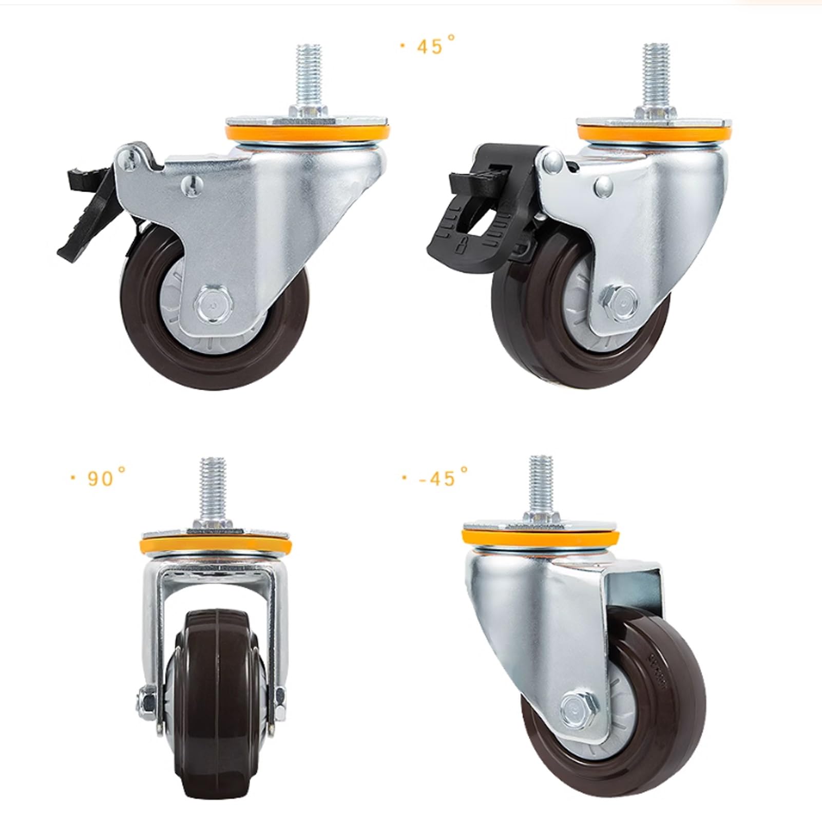 Wytrzymałe kółka gumowe 10 cm z hamulcem - ciche, uniwersalne kółka skrętne do wózków - gwint M14/M16 x 30 mm - nośność 330 kg - zestaw 4 szt