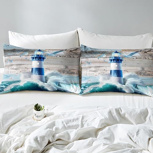 Miniatura 5 de Erosebridal Lighthouse - Juego de sábanas tamaño Queen, juego de ropa de cama náutica de olas del océano y mar, decoración de dormitorio, sábanas