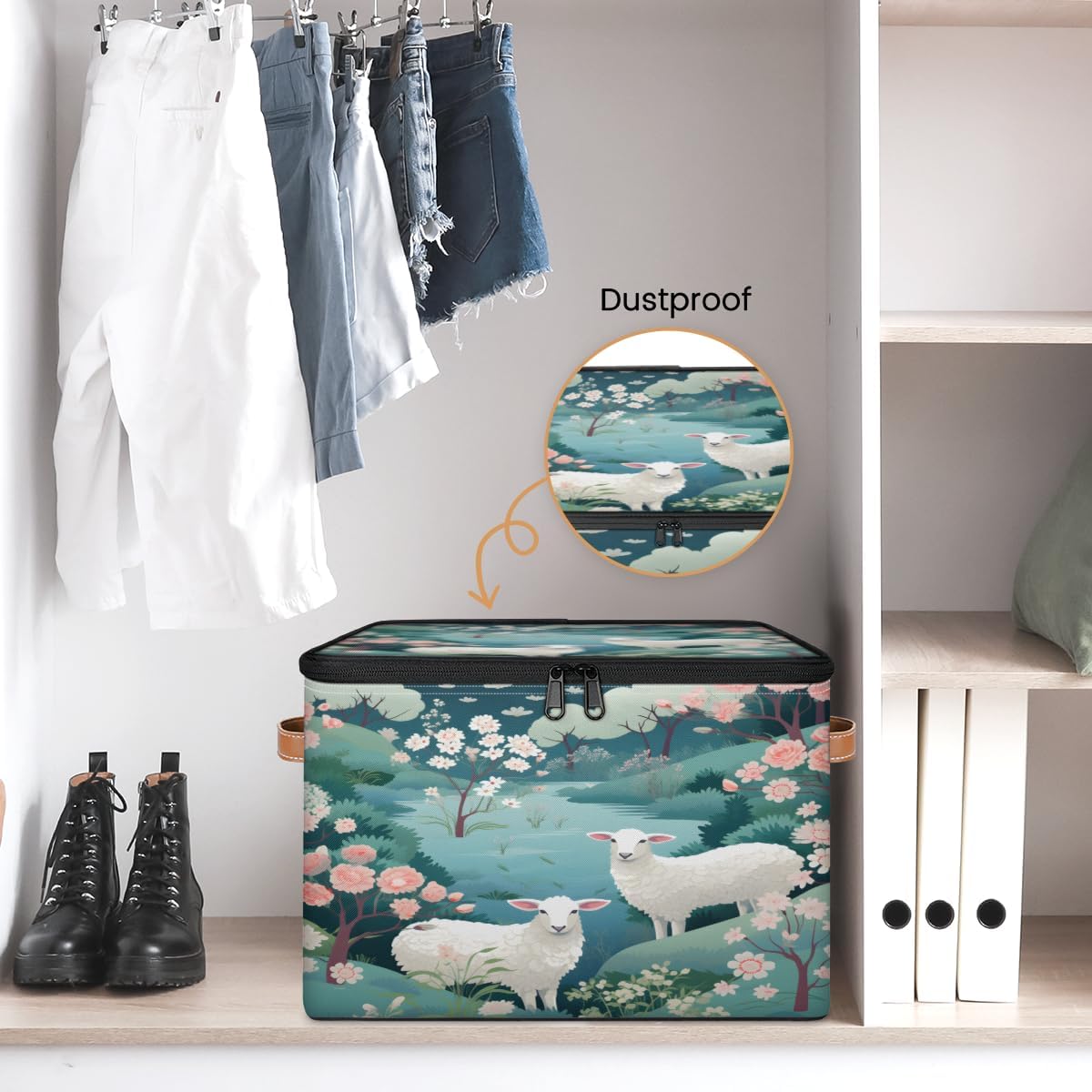 Storage Bin Set of 2 Cute Sheep Flower Storage Basket with Zipper Lid & Handle Foldable Closet Shelf 2 Pack Cloth Organizer Basket Cube Bins Clothes Organizer for Bedroom, Nursery