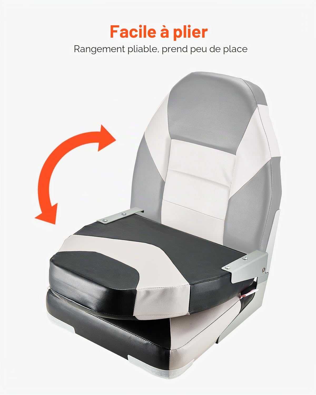 VEVOR Siège de Bateau à Dossier Haut, Support de Siège de Bateau Pliable, avec Coussin en Éponge Épais et Cuir PVC, Charnières en Alliage d'Aluminium, pour Pêche, Yachts, Navires, Noir et Gris