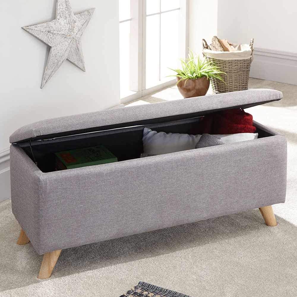BAKAJI Cassapanca Pouf Contenitore Poggiapiedi Camera da Letto Panca Sgabello Struttura in Legno Rivestimento in Tessuto Hopsack Seduta Apribile Imbottita 106 X 32 X 42 cm (Grigio Chiaro)
