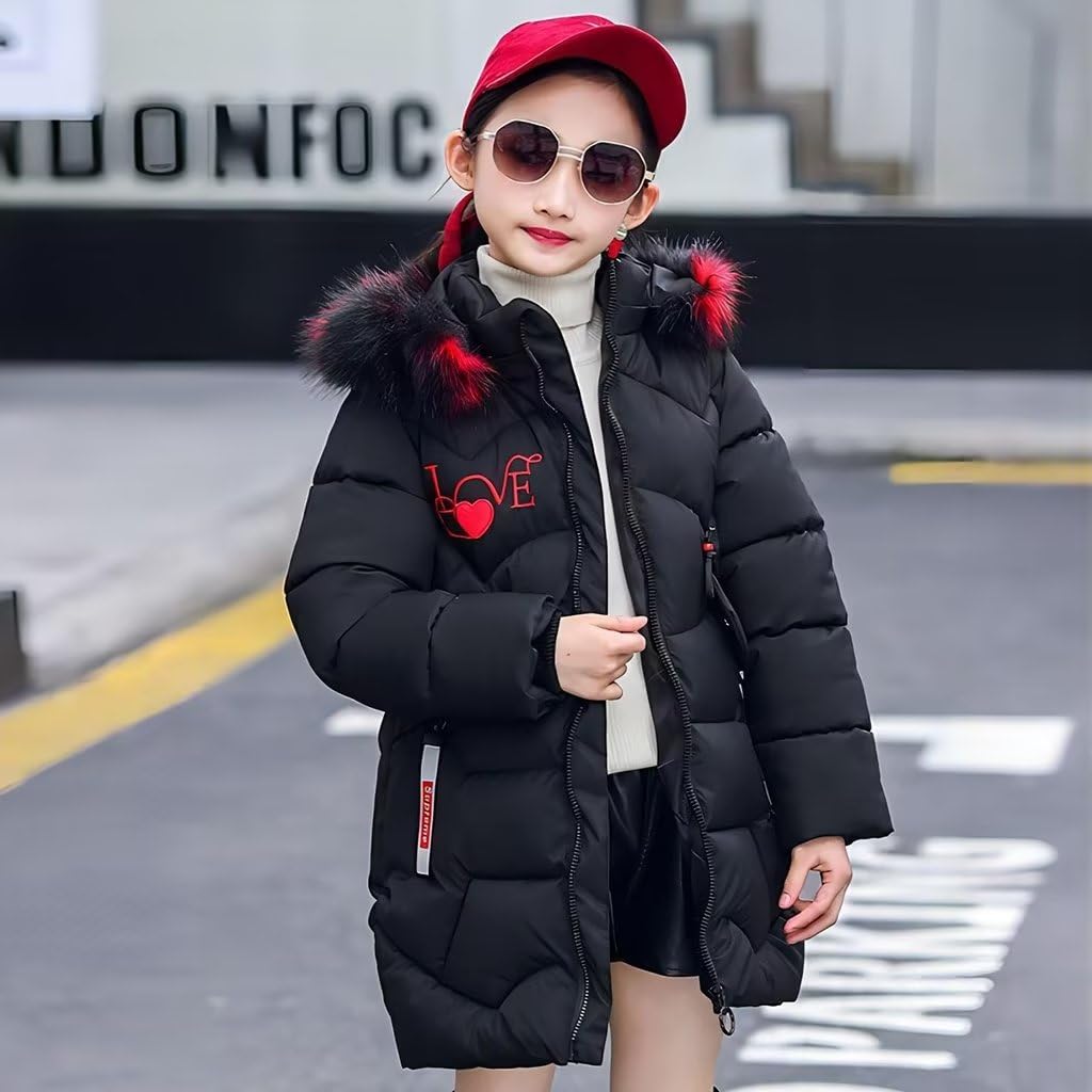linboo Cappotto invernale per bambini, giacca invernale con cappuccio in pelliccia parka imbottita con stampa Lettera LOVE