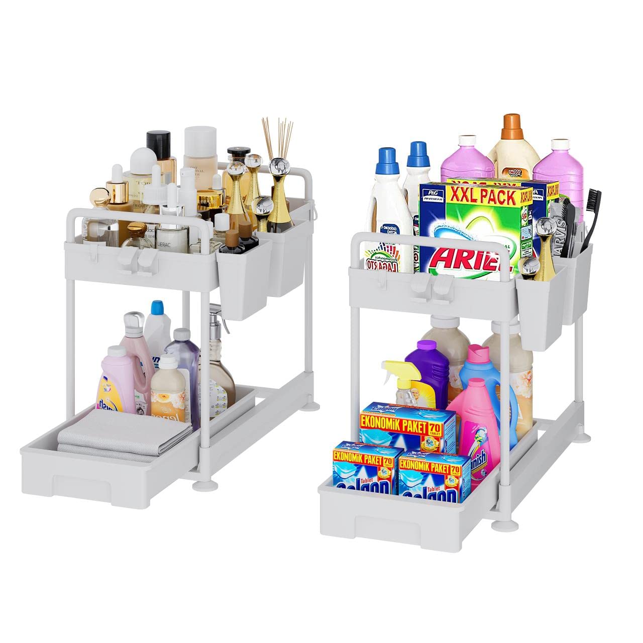 BAYANKHAR Under Sink Organizer,2-Tier Sliding Under Bathroom Cabinet Storage Drawer Organizer with Hooks and Cups,Multi-purpose pull out under sink organizers and storage for Kitchen,White, 2 Pack