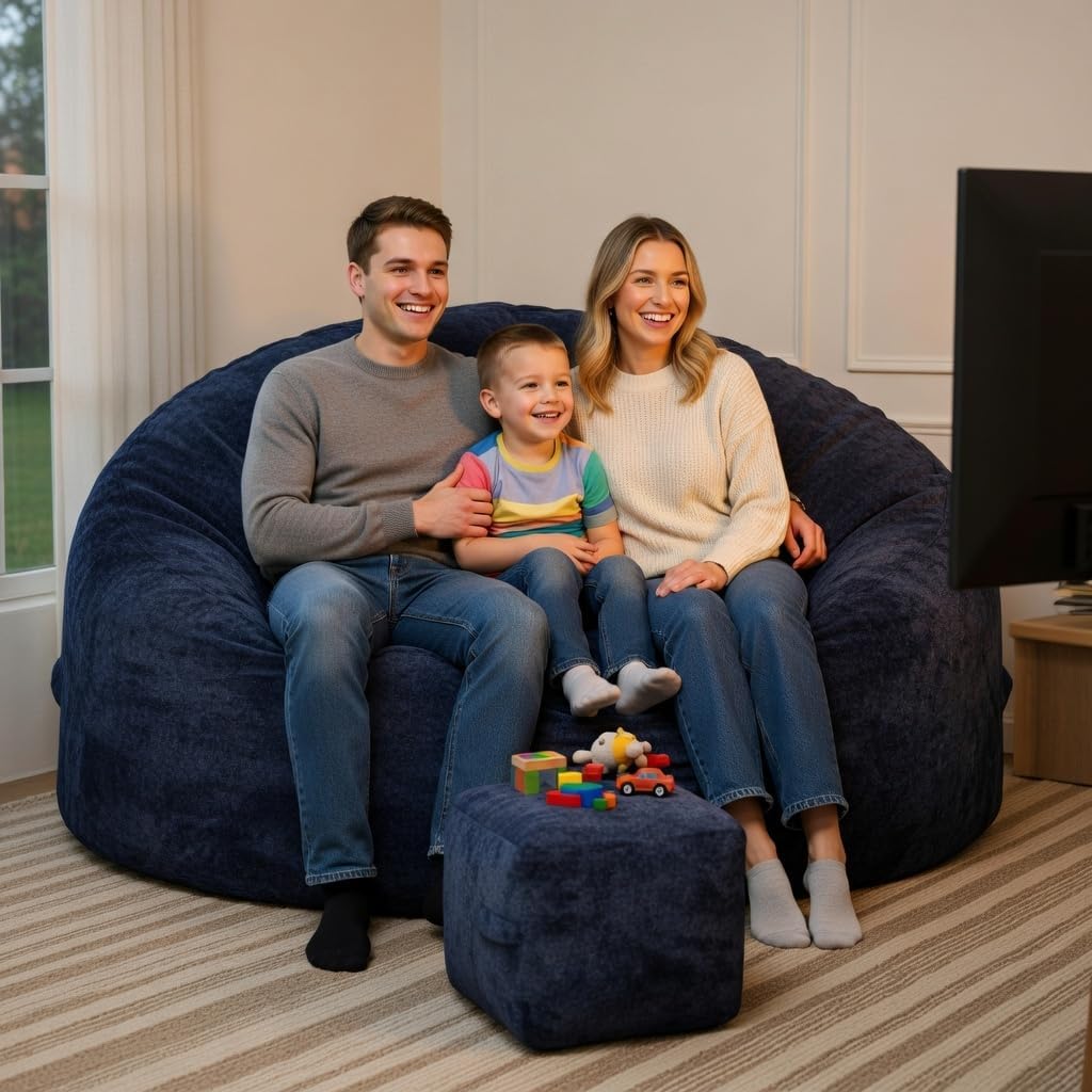 5FT Bean Bag Chairs for Adults with Ottoman, Big Beanbag Chairs with Filler Memory Foam & Machine Washable Cover, Suitable for Bedrooms, Living Rooms, Leisure Reading Blue
