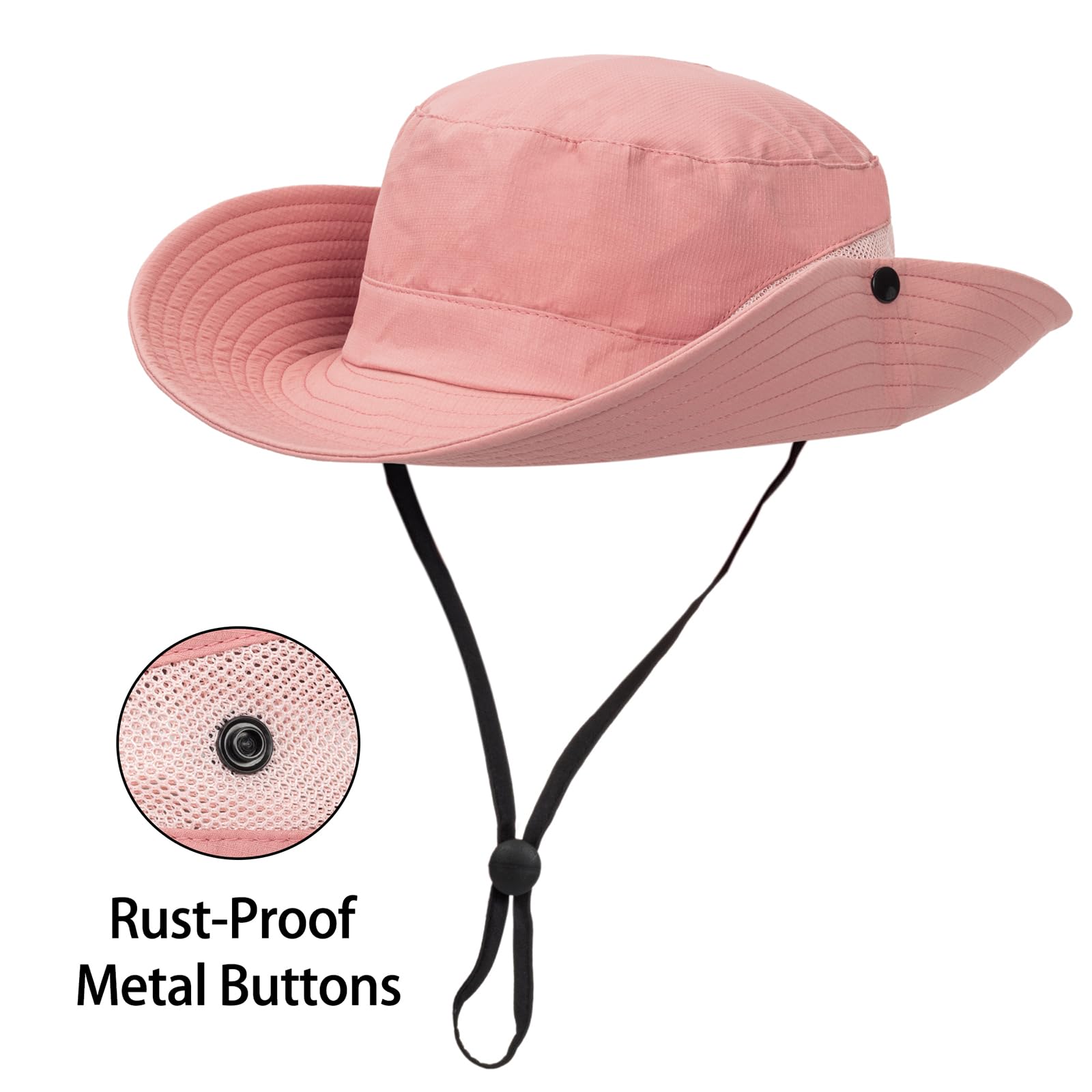 Womens Summer Sun Hat Beach Hat Wide Brim Outdoor UV Protection Hat Packable Mesh Bucket Hat with Ponytail Hole, Solid Pink, M - Image 3