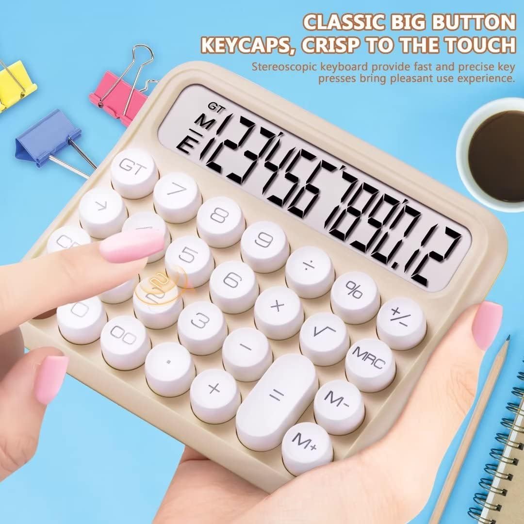 GUDTEKE Mechanical Switch Calculator, Desktop Calculator 12 Digit Large LCD Display Big Button Calculator Apricot Clear Standard for Daily and Basic Office,Automatic Sleep,with Battery