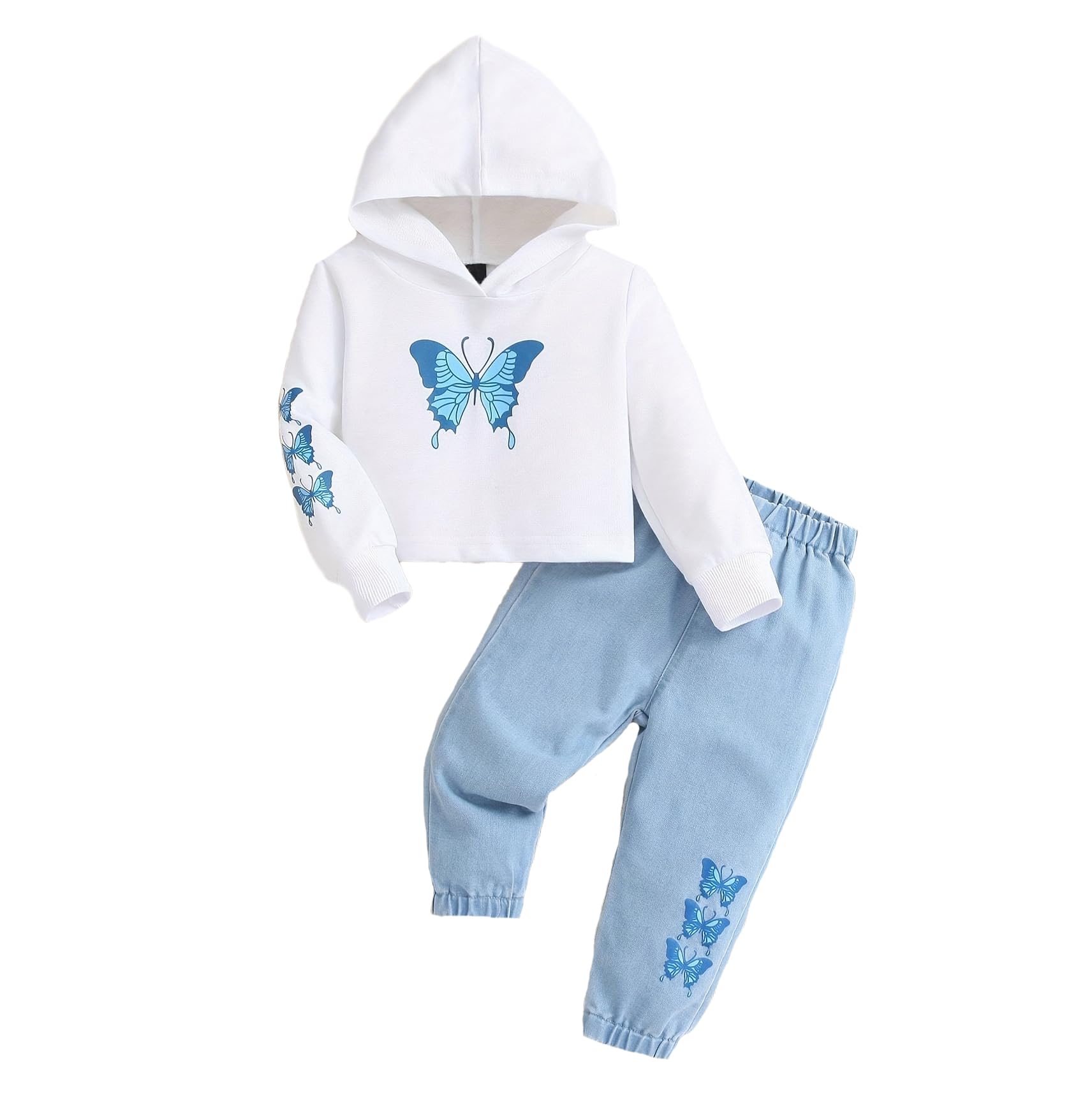 Girls Cotton Butterfly Hoodie Top with Denim Pants | Butterfly Tshirt Jeans for Toddler Girl | Cotton Sweatshirt & Jeans for Girl upto 7 Years-image-1