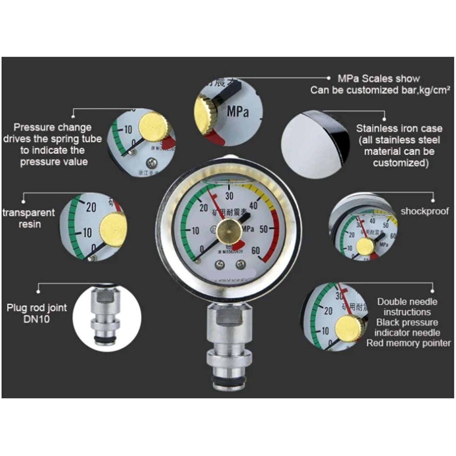 Manometer für Luftdruckmesser Minendruckmessgerät 60 MPa 80 MPa DN10 oder KJ10 Schnellstecker-Ölfüllschnittstellen-Manometer (Color : DN10Female thread, Size : 0 60Mpa)