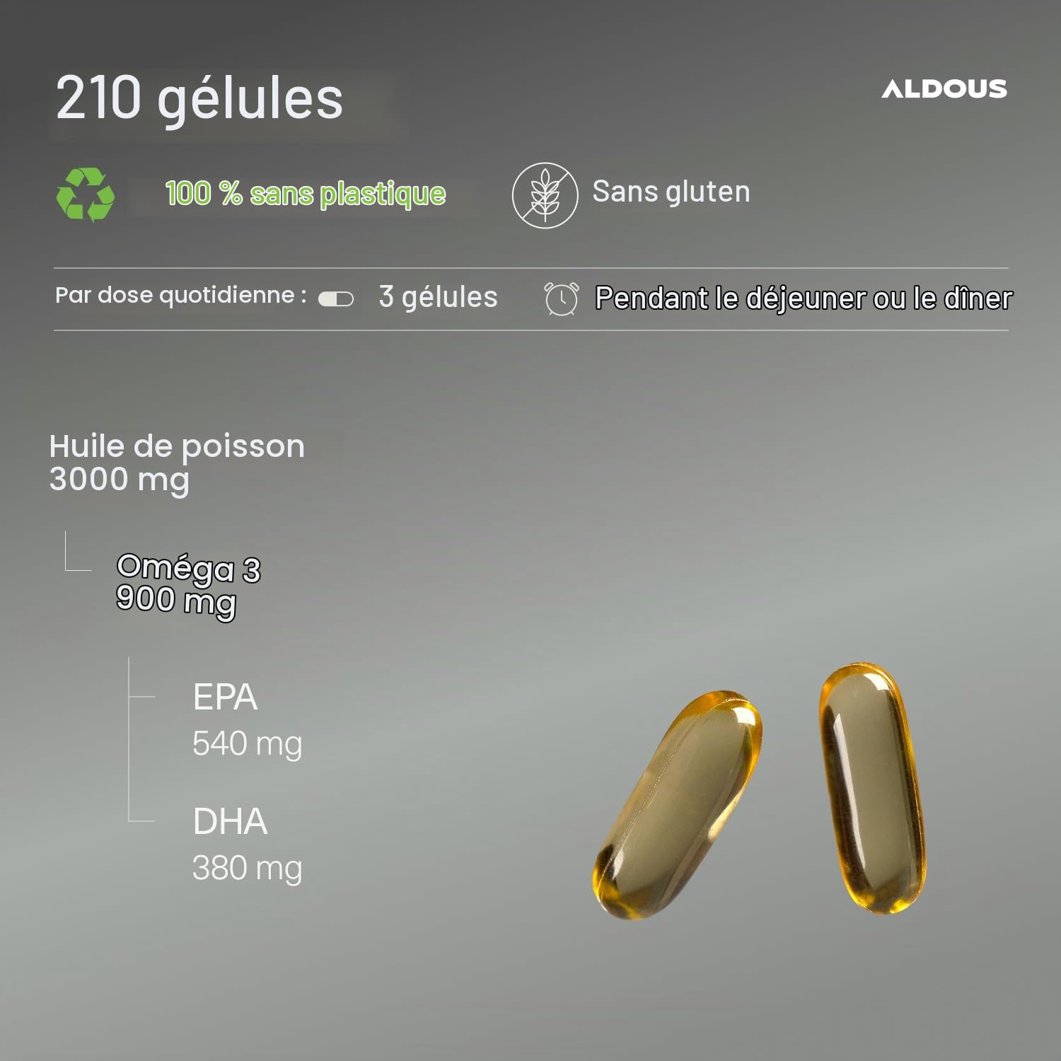 Oméga 3 Dha Epa Huile de Poisson - 3000 mg par jour - 210 Gélules (+2 mois) | Avec Acides Gras EPA et DHA - Haute Concentration - Vitamine E, Acides Gras - Vision et Cerveau - Complement alimentaire