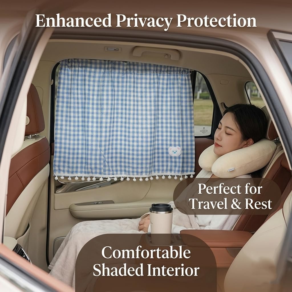 Plaid Car Side Window Curtain Sun Shade of 2,Blue