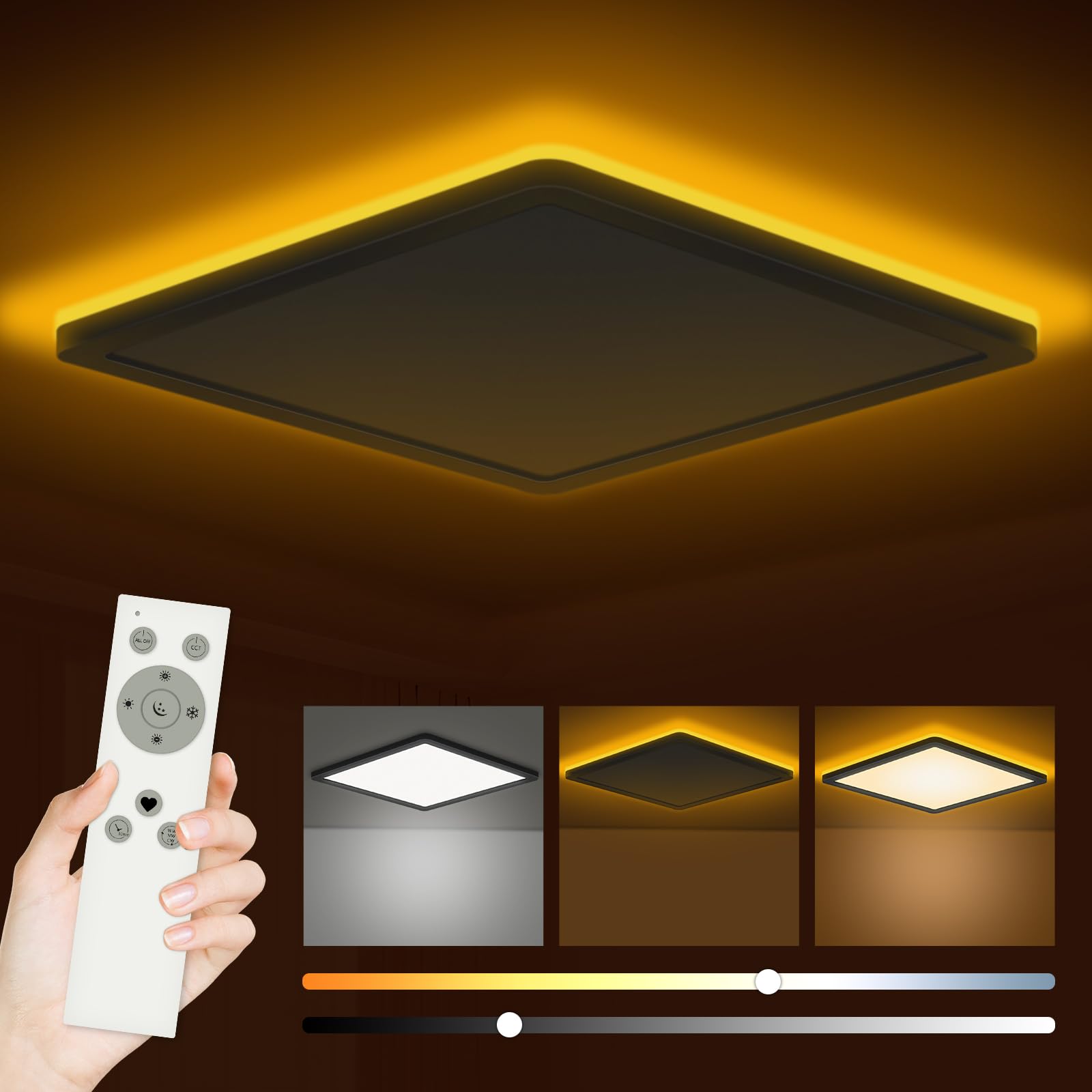 Bowfar Plafonnier LED, 24W 3200LM Carré Lampe de Salle de Bain avec télécommande, intensité 3000K-6500K, veilleuse 1800K Ambre, Plafonnier pour cuisine couloir chambre à coucher, Ø29,5 x 2,5cm-noir