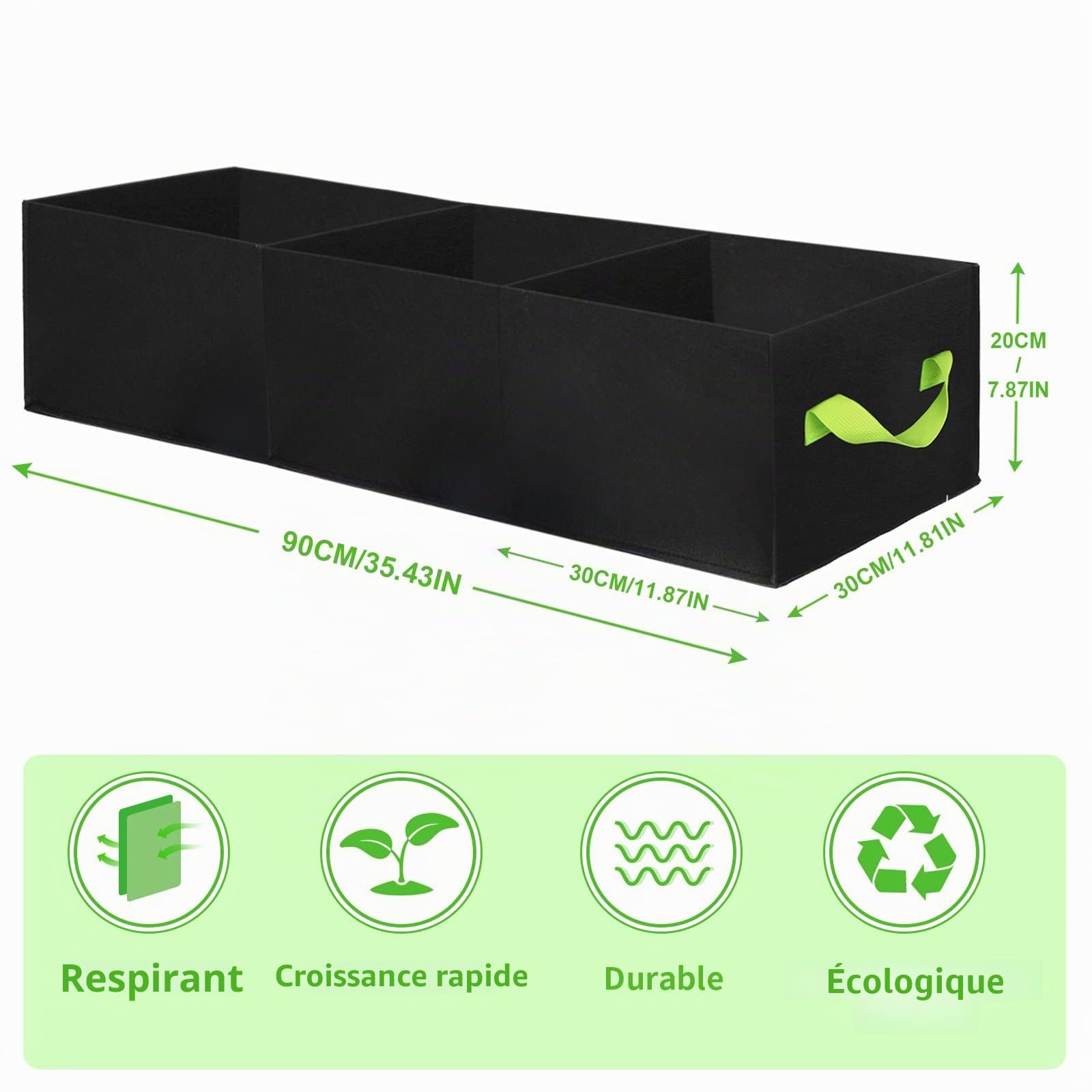 ANGELIOX Lot de 2 Sacs de Culture rectangulaires à 3 Compartiments, 400 g en Tissu épais de 400 g, Pots de Fleurs carrés Non tissés pour Fleurs, légumes, Fruits, Pots de Culture avec poignées