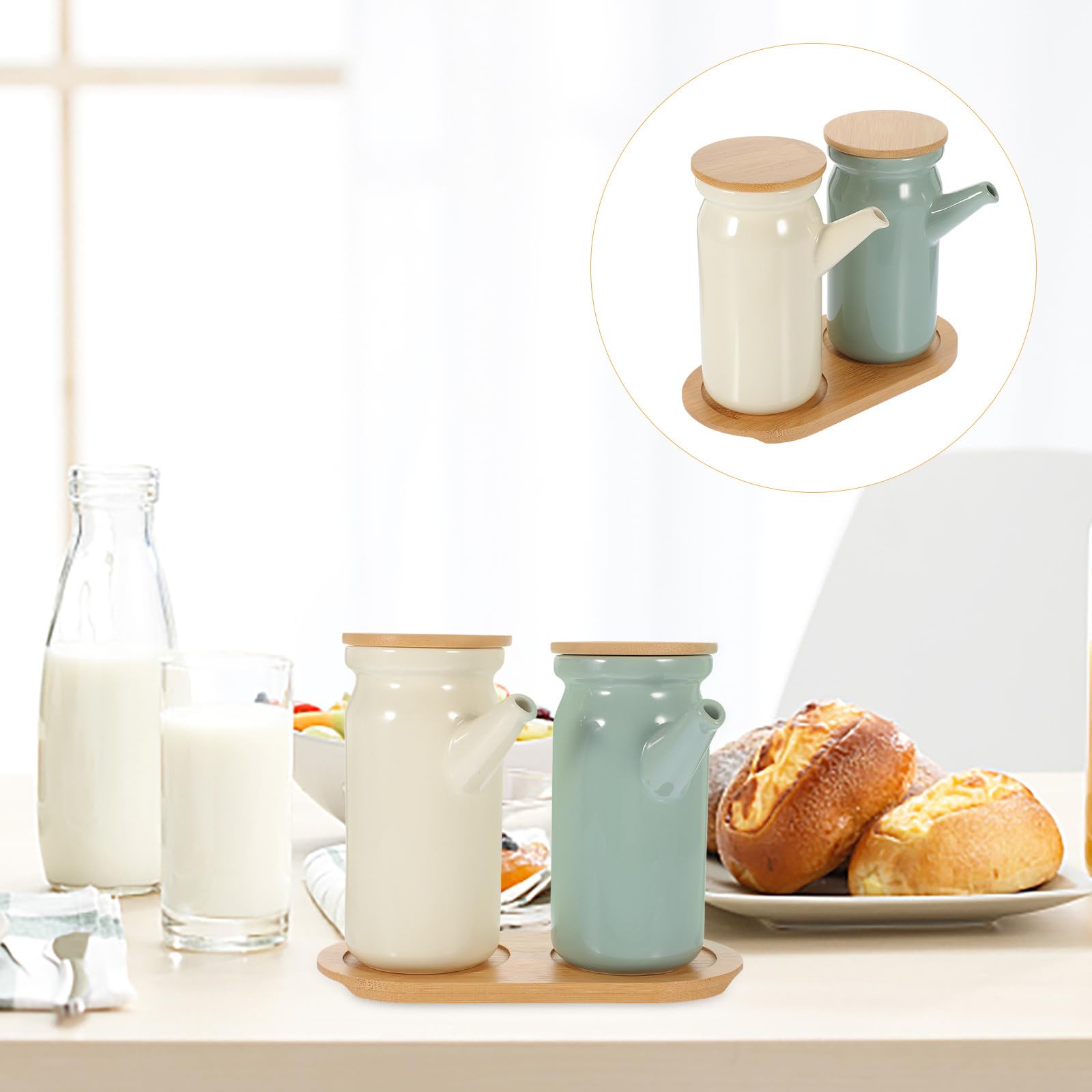 TOYANDONA Set Barattoli per Condimenti in Ceramica con Distributore di Olio e Aceto, Contenitori Compatti per Salsa di Soia e Aceto Piccante, Resistenti al Calore per Cucina Domestica,