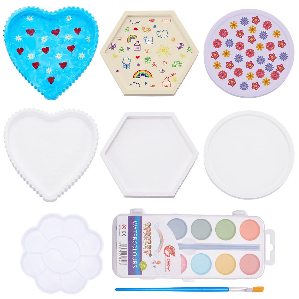 WEBEEDY 3 Styles DIY Ceramics Jewelry Dish Making Kit Ready to Paint Your Own Ceramics Plates Jewelry Tray, Heart Round Hexagon Porcelain Plates Painting Art and Craft Kit for Home Decor Creative Gift