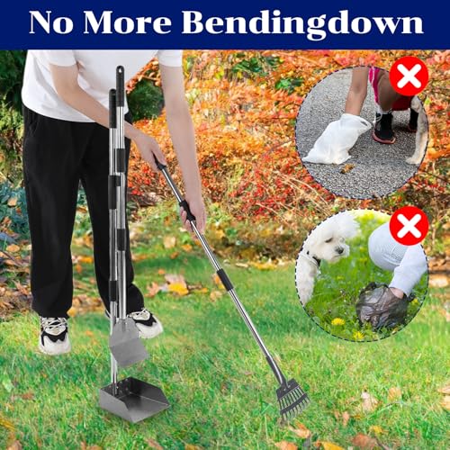 Image of 3 Pcs Dog Pooper Scooper Tray Shovel & Rake Kit, Heavy Duty Dog Poop Scooper with Adjustable Metal Long Handle, Portable Large Dogs Poop Picker Upper for Yard, Walks, Grass & Garden Leaves