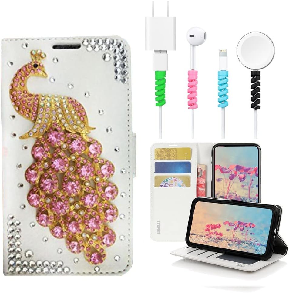 Bling Wallet Phone Case Compatible with iPhone Air / 17 Air - Stylish - 3D Handmade Peacock Design Leather Girls Women Cover with Cable Protector [4 Pack] - Pink