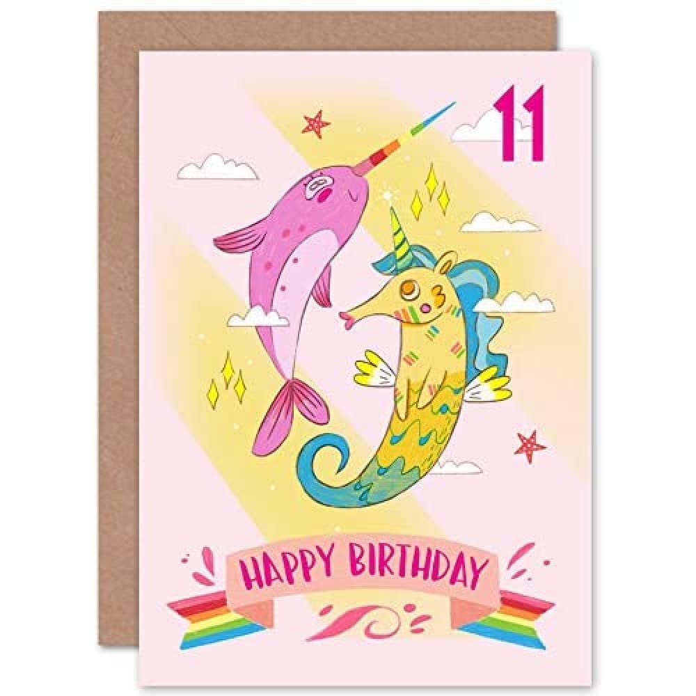 Wee Blue Coo Unicorn Seahorse Narwhal 11th Birthday Greeting Card With Envelope Blank Inside Premium Quality
