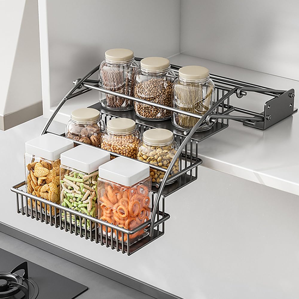 Organizador de especias desplegable de 3 niveles para gabinete interior, despensa, estante elevador, estante elevador, estante de condimentos de cocina (10.8 pulgadas)