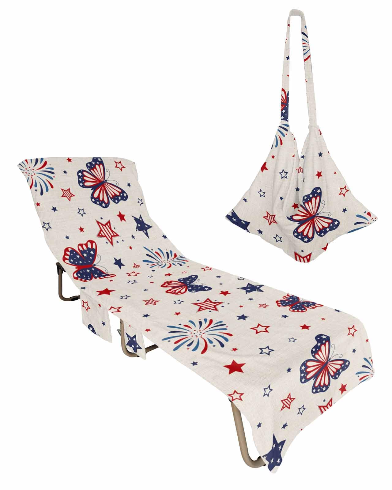 4th of July Beach Lounge Chair Towel Cover, Soft Chaise Lounge Towel with Side Pockets Patio Pool Chairs Cover for Beach/Pool Sunbathing 29x85 Rustic Butterfly Star Blue Red Fireworks
