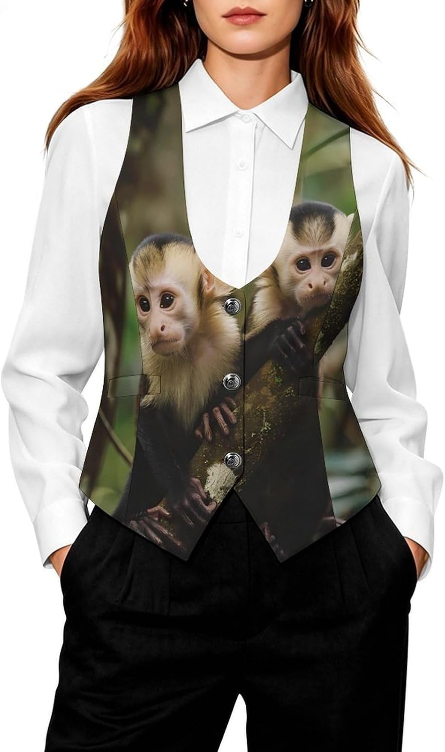 White Faced Capuchin Monkeys Women's Tuxedo Waistcoat Suit Vest | 3 Button V-Neck Slim Fit Casual Sleeveless Top