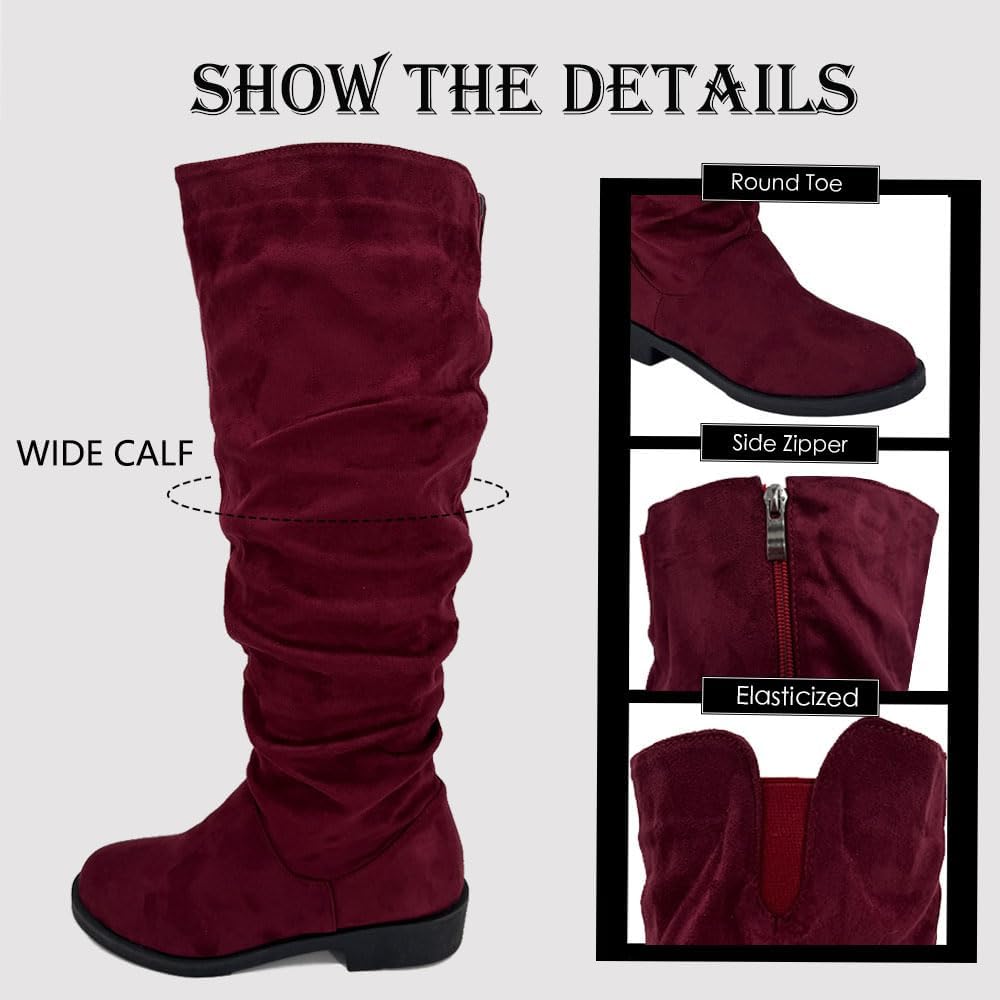 YING LAN Women's Wide Calf Knee High Boots,Width Zipper Slouchy Low Heel Tall Boots
