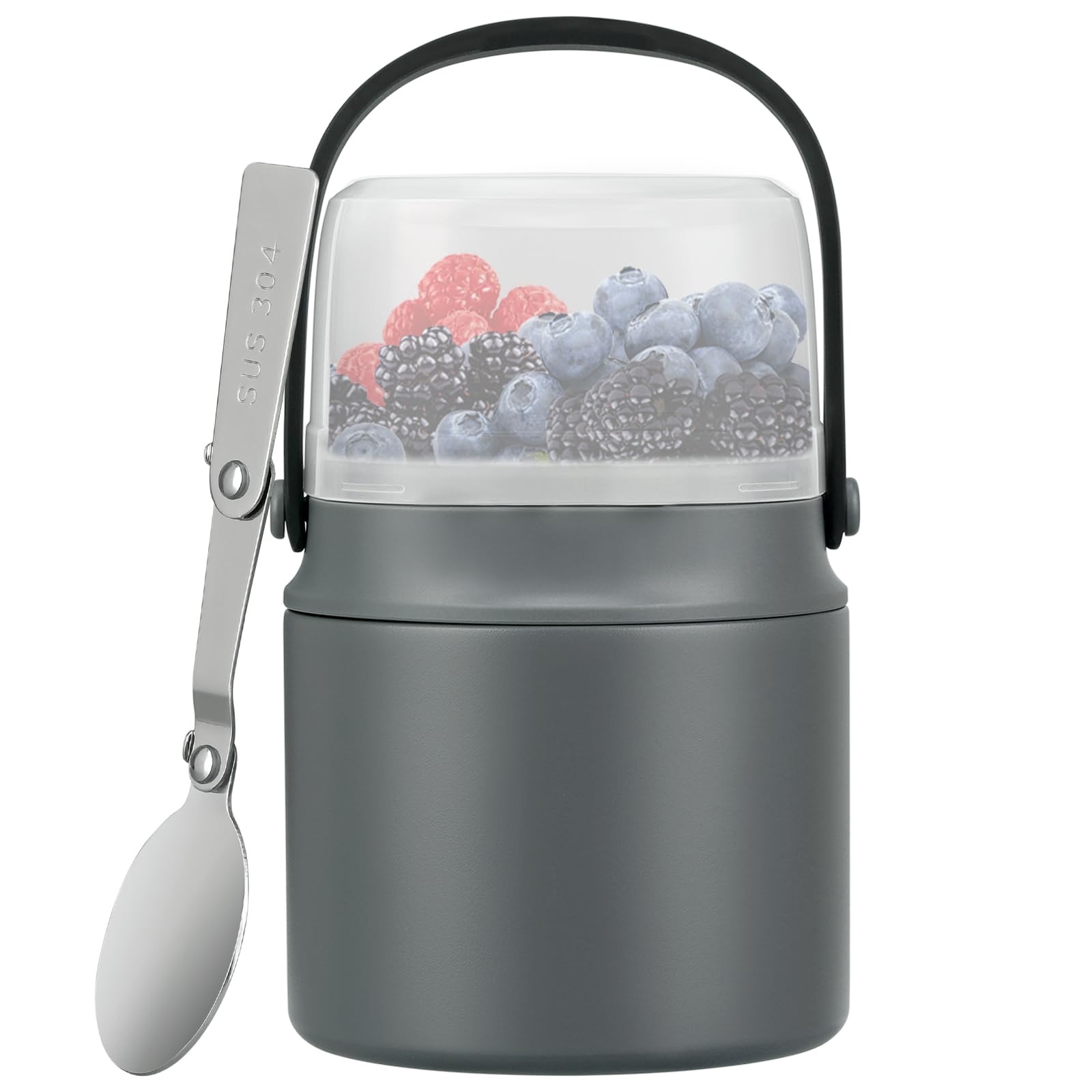 Termo de sopa de 15 onzas con recipientes de aperitivos para niños, tarro de comida aislado de boca ancha y 2 tazas de aperitivos, mango de silicona, cuchara de acero inoxidable, a prueba de fugas y