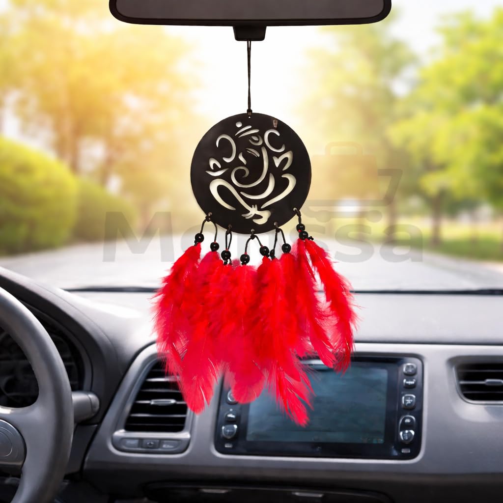 Monssa Car Hanging Dream Catcher for Stylish Car Decoration Items Interior, Handmade Boho Charm Car Hanging Accessories Interior, Ornament Car Mirror Hanging Gift - Full Ganesh Red-image-10
