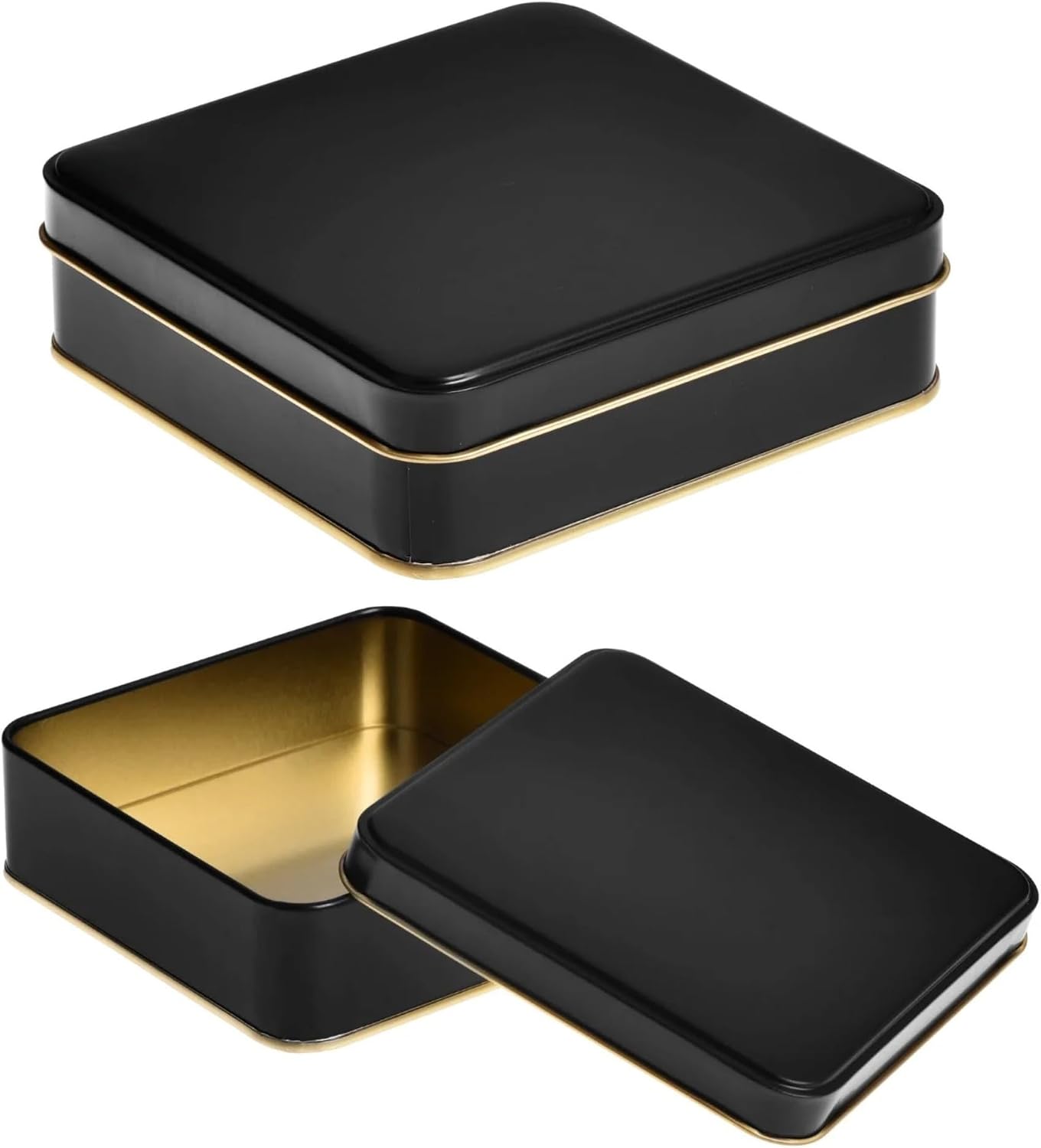 Square Black Semi Matte Metal Box with Gold Lacquered Inside Food Suitable Tin Packaging 1 Piece