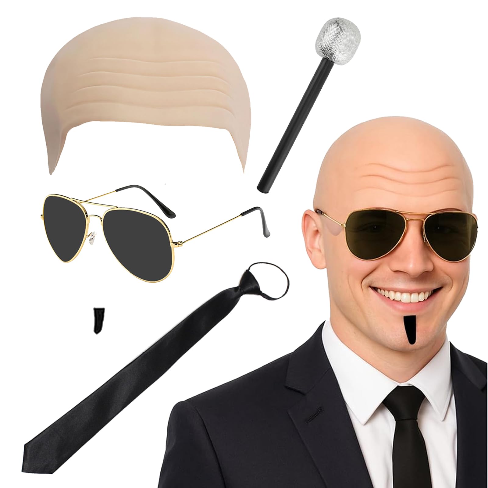 Aleshime Adults Mr Worldwide Cosplay Accessory Set - Nude Bald Cap, Sunglasses, Fake Beard, Fake Microphone, Mens Ladies Music Icon Famous Celebrity Fancy Dress Costume Accessory