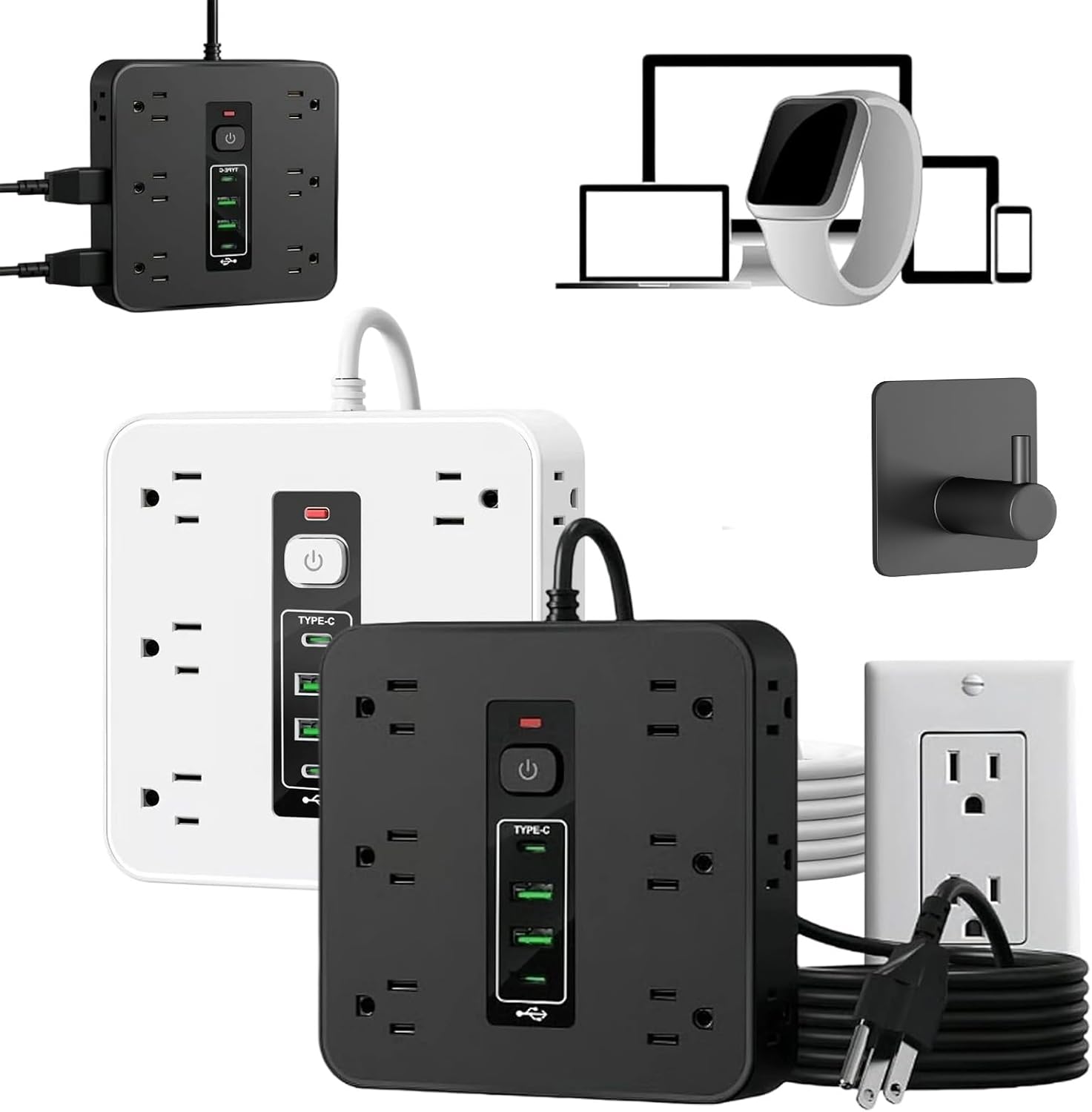 16-in-1 Power Strip with Switch & Surge Protection, Flat Plug Surge Protector Extension Cords with Multiple Outlets, Portable Outlet Adapter for Home Office Dorm Travel (2PCS-Mix) - Image 1 of 7