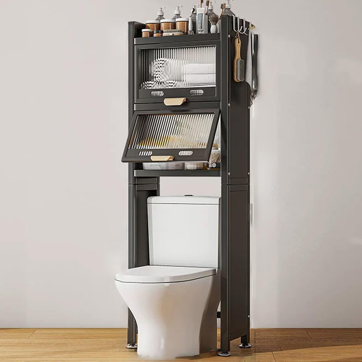 Over The Toilet Storage Cabinet, Free Standing Toilet Rack with Acrylic Flip Up Door, Above Toilet Storage Shelf, Over Toilet Bathroom Organizer, for Bathroom, Toilet(White,135cm/53.1in)