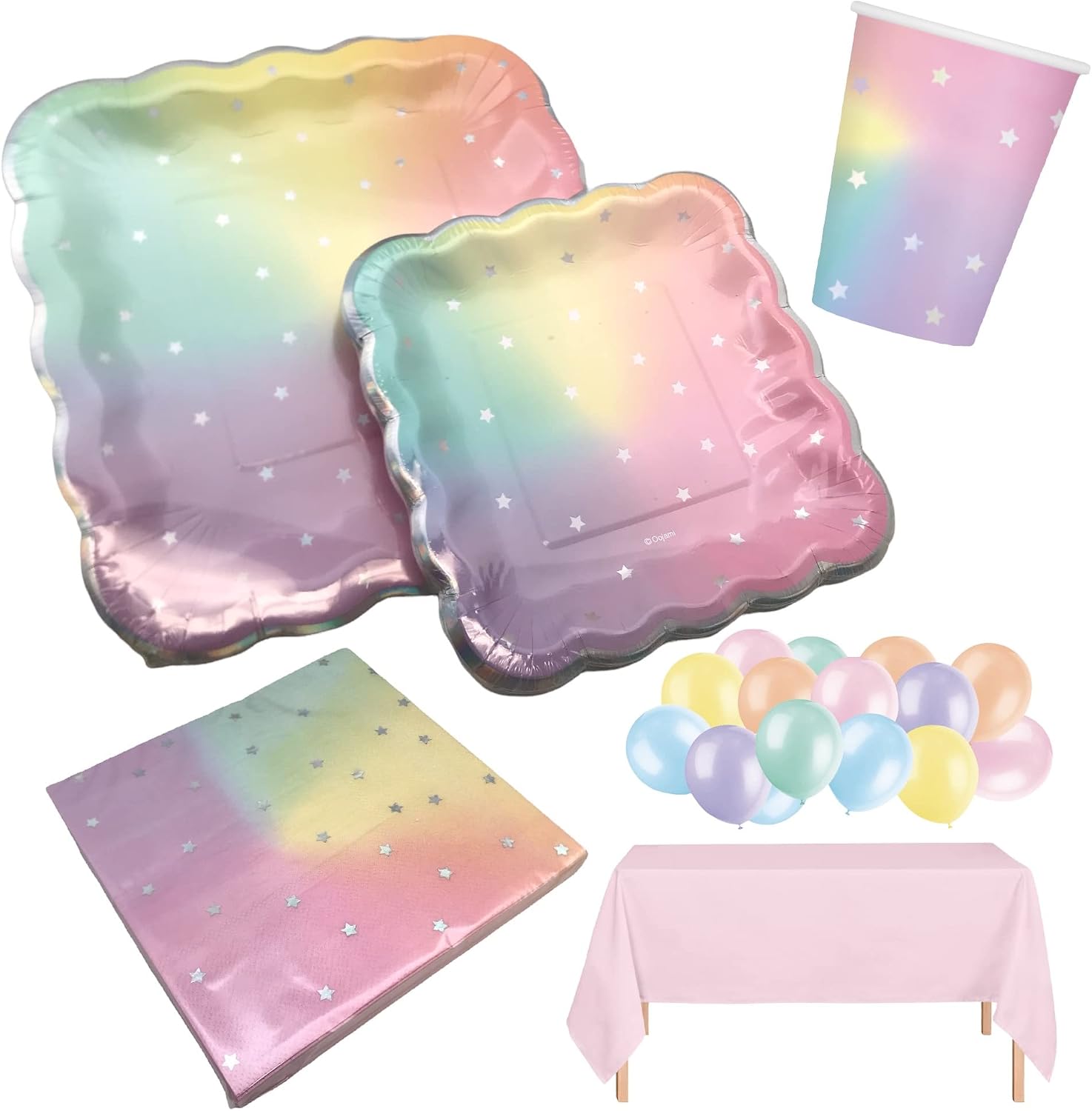 Serves 18 Scalloped Pastel Iridescent Complete Party Supplies Includes Plates Cups Napkins Table Cover Balloons Ideal for Kids Birthdays, Bridal Showers, Unicorn Theme