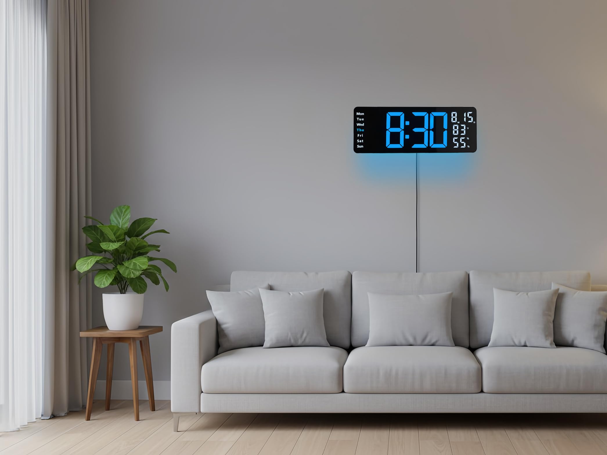 Horloge murale numérique LED bleue de 44,5 cm avec 8 couleurs de lumière ambiante | Affichage de l'heure, de la date, du jour, de la température et de l'humidité, deux alarmes, compte à rebours et