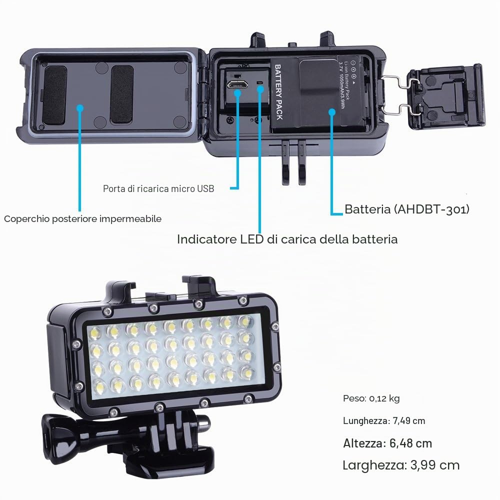 Suptig Diving light ad alta potenza dimmerabile impermeabile LED Video Light Fill Night Light Diving Subacquea Luce Impermeabile 45 m per Gopro Hero 13 Hero 12 Hero 11 Hero 10/9/8/75/6/4/Action Cam