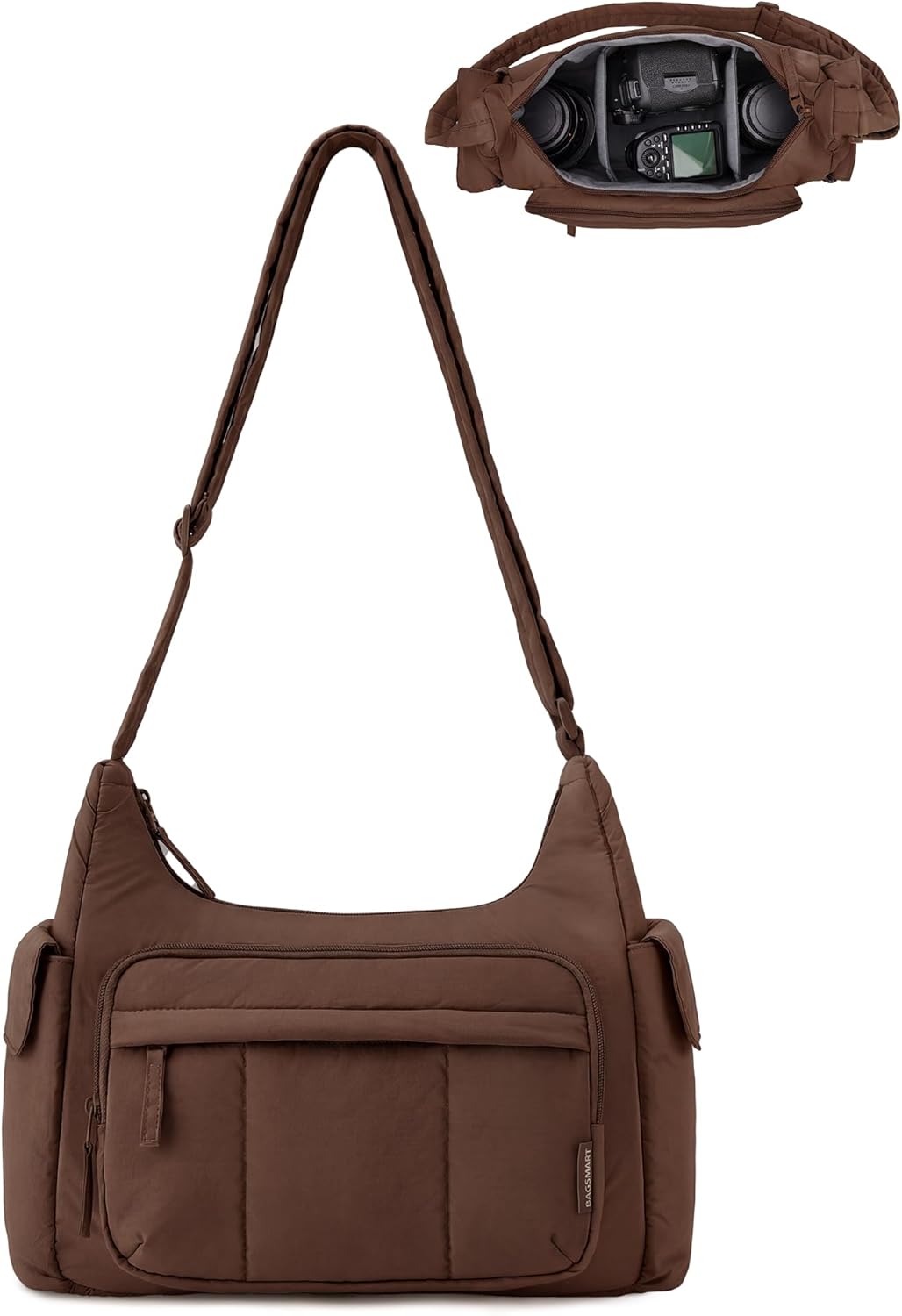BAGSMART 2 in 1 Puffy Camera Sling Bag for Photographer, Everyday Shoulder Crossbody Bag with Pockets Digital Camera Case for DSLR/Mirrorless, Coffee Brown