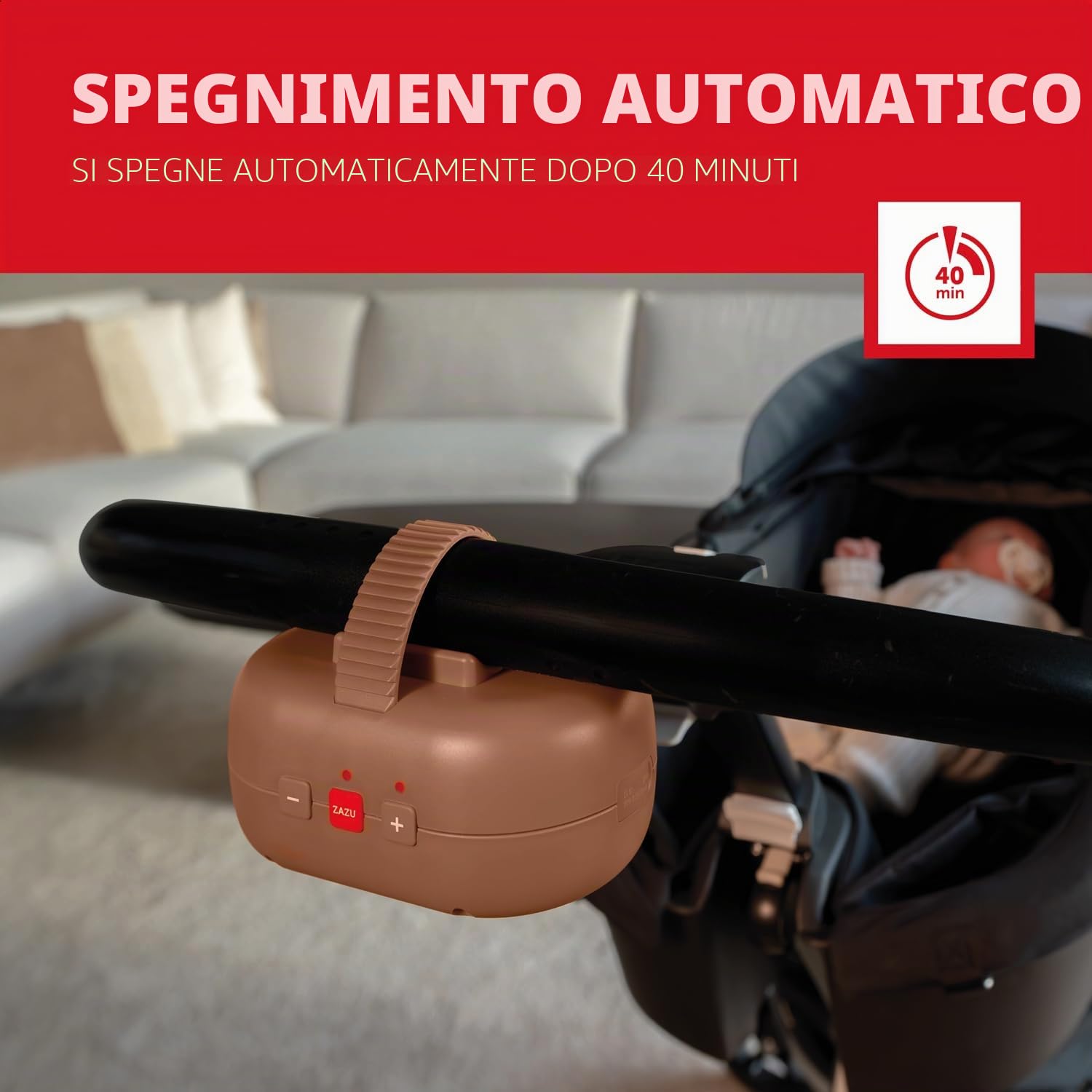 ZAZU Robby Bilanciere Automatico per Passeggini, Seggiolini Auto e Amache - Altalena Regolabile, Timer 40 Min, Sensore di Pianto, Ricaricabile USB-C, Resistente all'Acqua, Universale (Marrone)