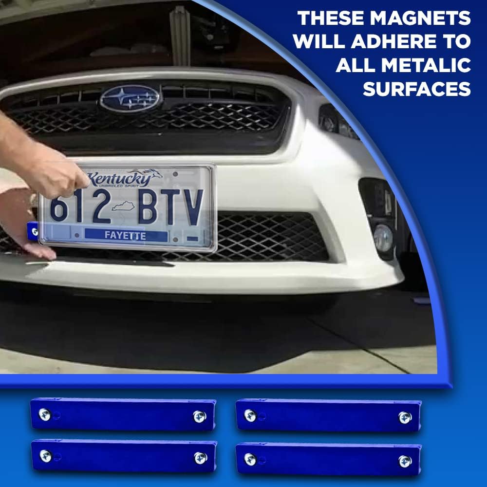 Rubber Molded Magnetic License Plate Holder Magnet Blue with Screws (4 Pack)