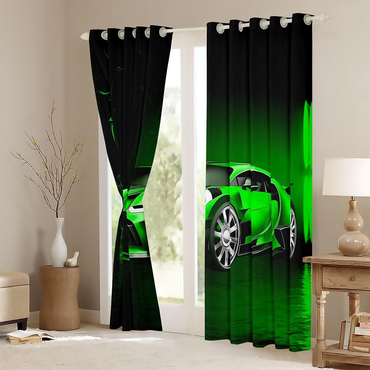 Sports Car Curtains Green Race Car Window Curtains for Bedroom Living Room Kids Boys Girls Extreme Sports Window Drapesfor Bedroom Living Room Cool Speed Car Decor Window Treatments 52W X 63L，2 Panels