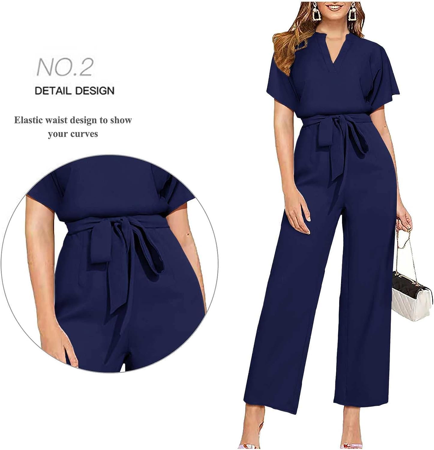 Odzież na co dzień Kombinezony Dressy dla kobiet Casual V neck Krótkie rękawy Pajacyki z szerokimi nogawkami i paskiem (Color : czarny, Size : L)