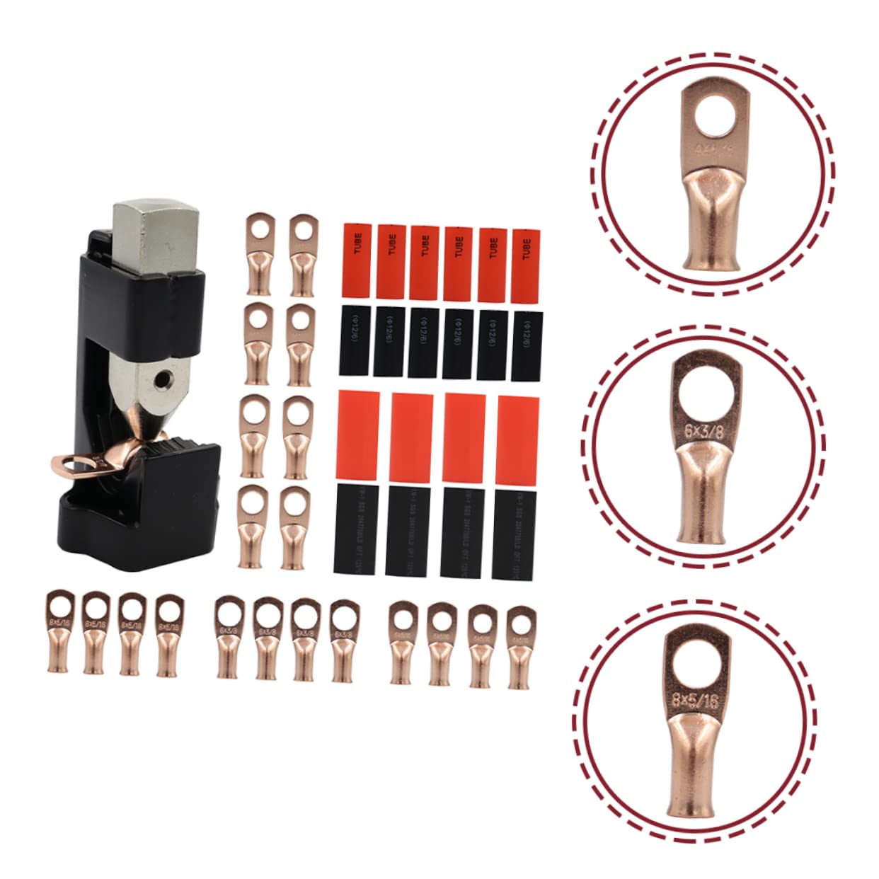 OSALADI Pinza Crimpatrice per Connettori Batteria 1/0 in Acciaio con 4 Connettori 3/8 in Rame, Strumento per Cavi Elettrici e Saldatura, per Progetti Auto e Nautici