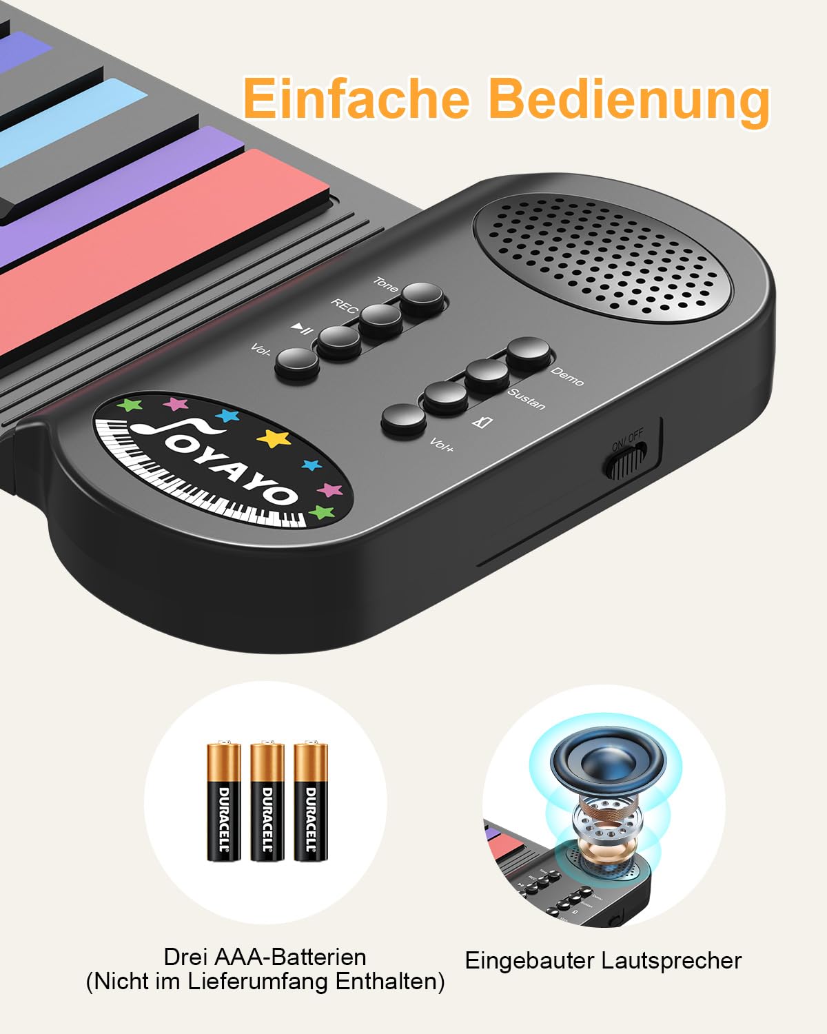 49 Tasten Roll up Faltbares Piano Klavier für Anfänger, Regenbogen Electronic Keyboards mit 8 Töne 6 Demos, Wiederaufladbar Silikon Mini Klavier mit Aufnahme Monitor modus